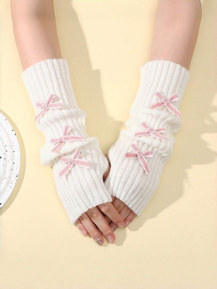 6pcs Bowknot Knitted Warm Arm Warmers, Autumn/Winter College Style Y2K Mid-Length Stacked Sleeve Fingerless Arm Covers - Bow-tie Style - View 1