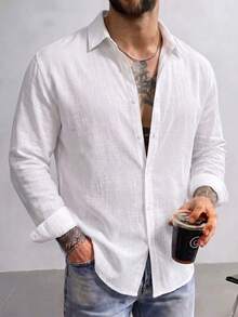 Men's Pure White Single-Breasted Casual Versatile Daily Long Sleeve Shirt, Loose Fit Lightweight Breathable, Old Money Quiet Luxury Style, Suggest Ordering One Size Smaller - White - View 1