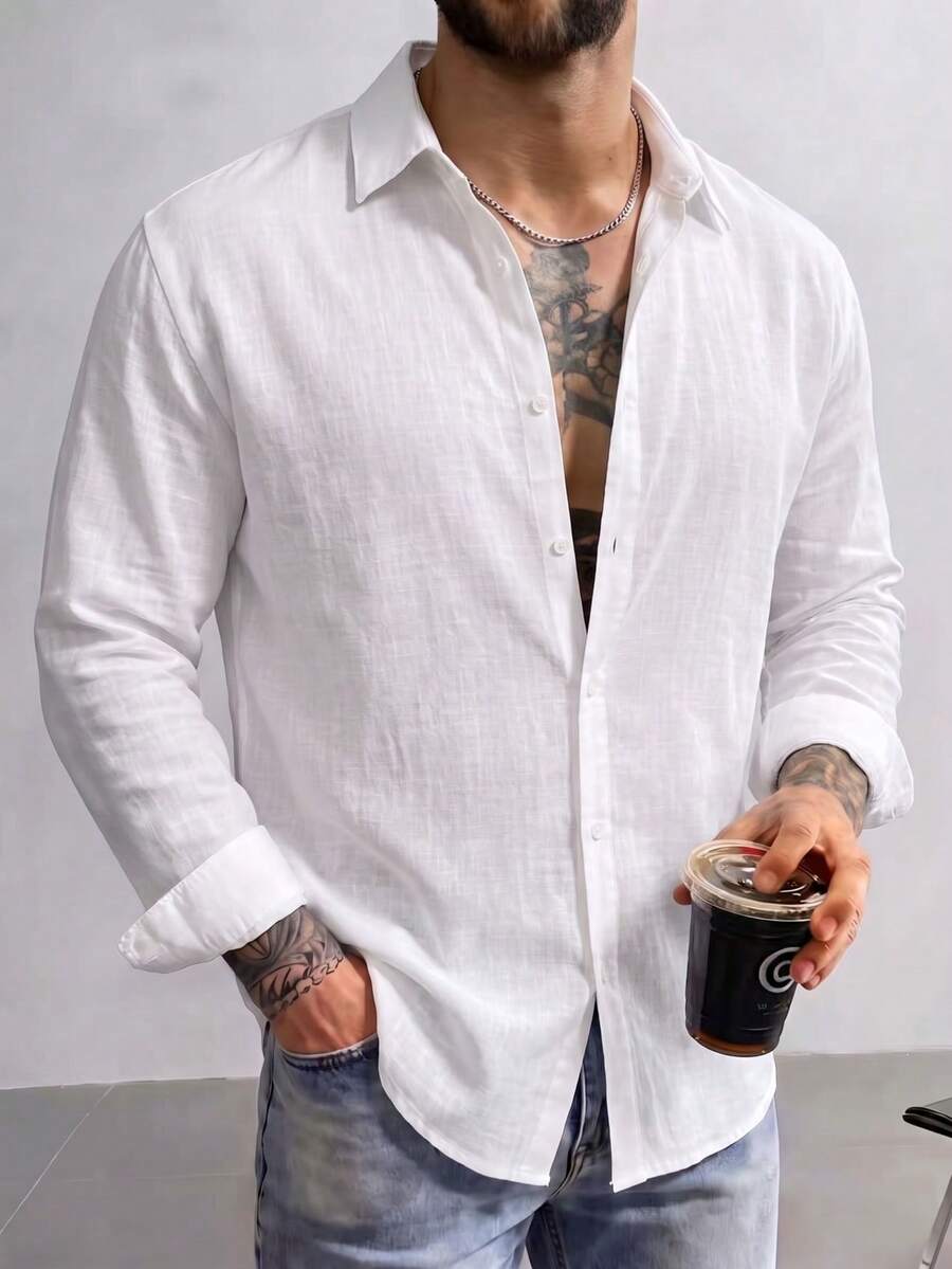 Men's Pure White Single-Breasted Casual Versatile Daily Long Sleeve Shirt, Loose Fit Lightweight Breathable, Old Money Quiet Luxury Style, Suggest Ordering One Size Smaller - White - View 1