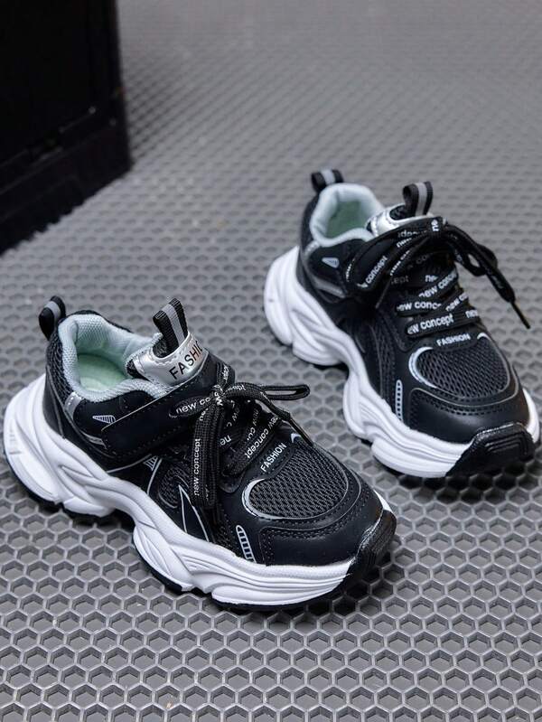 1 Pair Breathable Mesh Kids Chunky Sneakers, Unisex Children's Magic Tape Lightweight Soft Sole Anti-Slip Running Sneakers