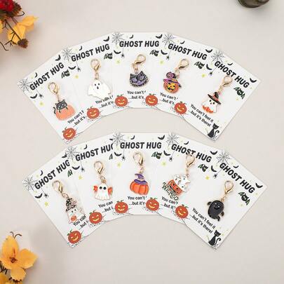 5PCS Keychains + 5pcs Cards Halloween Pumpkin Pendant, Party Favors, Bag & Key Pendant