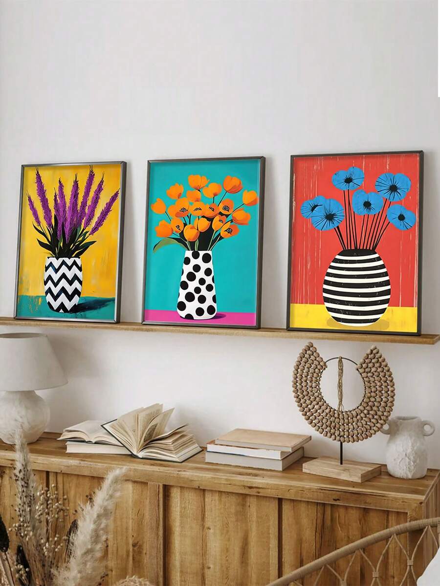 3 piezas Pintura en lienzo sin marco/con marco, Ilustración de flores coloridas & jarrón moderno, Arte de pared con impresión de tinta de alta definición, Decoración colgante multi-festividad para Pascua, Boda, Graduación, Aniversario, Halloween, Navidad, Decoración del hogar interior y exterior - Estilo abstracto A - Ver 1