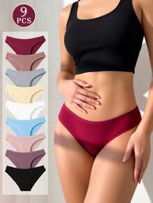 9pcs Multicolor Low Waist Ribbed Cotton Women's Triangle Panties, Casual Minimalist Bodycon Comfortable Women's Underwear - Multicolor - View 2