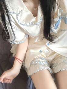 Women Pajama Sets - Solid Color Lace Set # Two Short Pieces - View 5