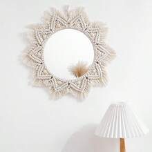 1pc Bohemian Style Wooden Printed Tassel Wall Mirror, Faux Woven Hanging Mirror, Living Room Bedroom Wall Decor, Premium Wall Decoration, Suitable As Thanksgiving, Christmas, Halloween Gift, Also For Bedroom Decoration, Ideal Gift For Friends And Family - Beige - View 4