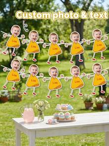 Custom Photo Cartoon Yellow Dress Children's Banner, Hand-Drawn Little Girl Hollow Floral Wreath With Customized Name Text, Sweet Macaron Color Baby Shower And Girl Decoration - Multicolor - View 1
