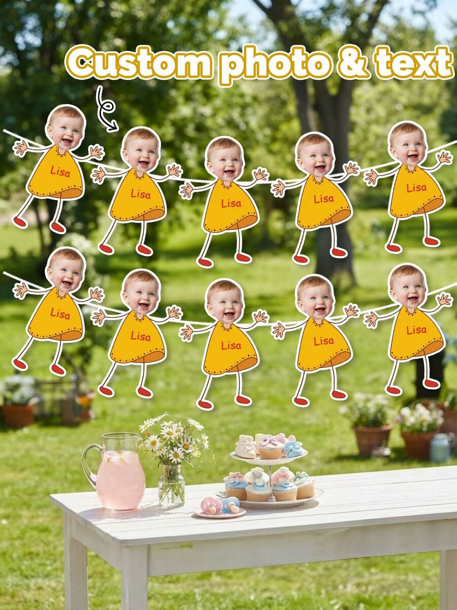Custom Photo Cartoon Yellow Dress Children's Banner, Hand-Drawn Little Girl Hollow Floral Wreath With Customized Name Text, Sweet Macaron Color Baby Shower And Girl Decoration - Multicolor - View 1