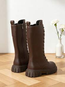 2026 New Cute Campus Style Dark Brown Knight Long Boots For Kids, British Style Children's Lace-Up Wear-Resistant Thick Sole Tall Boots, Suitable For Daily School Life, Simple Vintage Versatile Boots For Girls - Brown - View 7