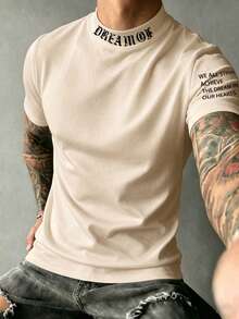 Men's Casual Fashionable Versatile Minimalist Printed Half-Turtleneck Short Sleeve T-Shirt, Summer - Apricot - View 1