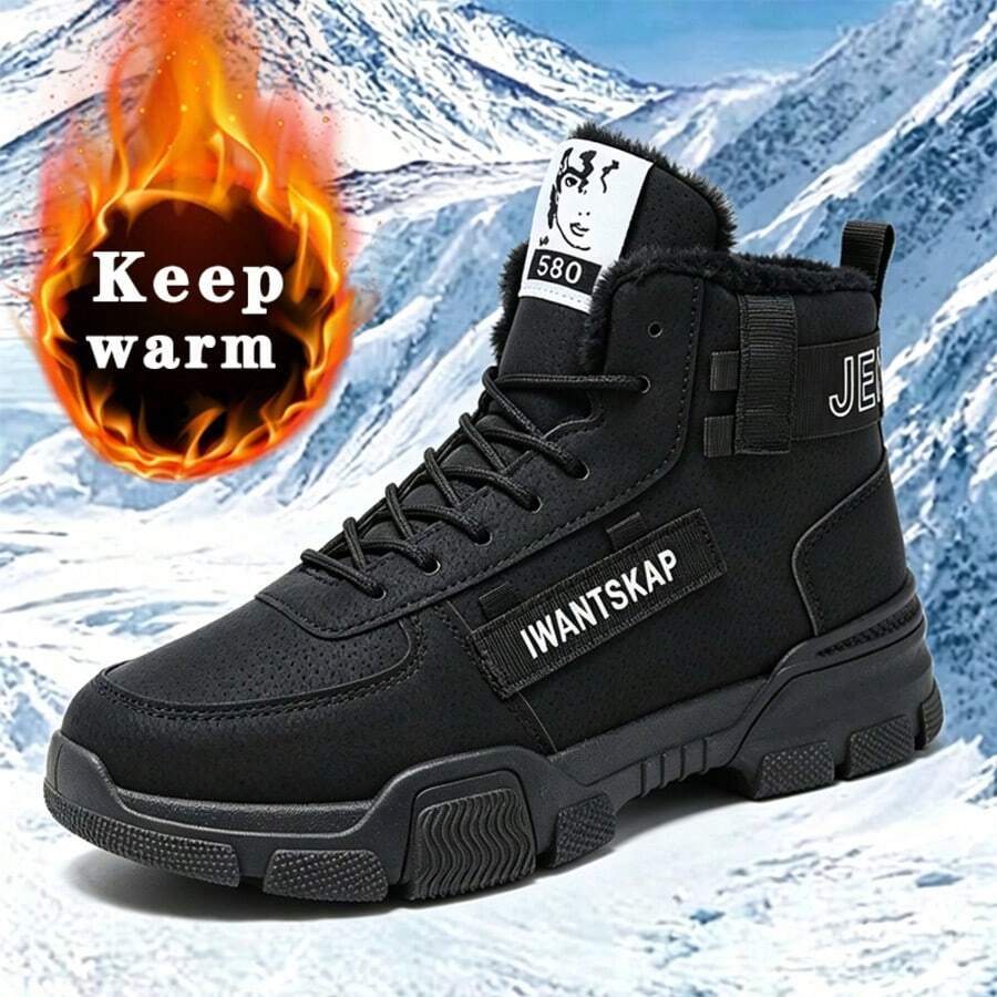 1 Pair Men's Fashion Outdoor Snow Boots, Suitable For Winter Warmth, Comfortable Round Toe Design - Black - View 1