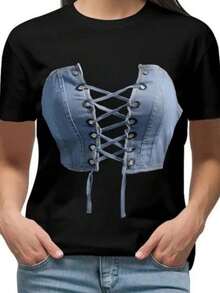 Small Vest Print Crew Neck T-Shirt Casual Short SLeesve T-Shirt For Spring  Summer Wo Clothing - 黑色 - 查看 1