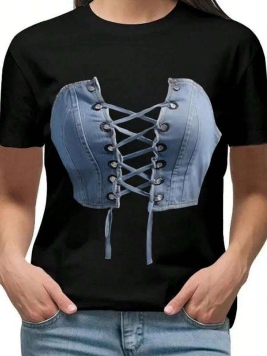 Small Vest Print Crew Neck T-Shirt Casual Short SLeesve T-Shirt For Spring Summer Wo Clothing - 黑色 - 查看 1