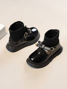 1 Pasang Sepatu Bot Sehari-hari Gaya Inggris untuk Anak Perempuan, Sol Lembut Anti Selip, Sepatu Bot Model Princess Serbaguna dengan Motif Rajutan Patchwork - Hitam - View 6
