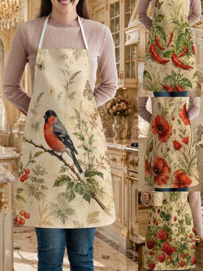 1 pieza Delantal vintage con patrón floral de frambuesa, pájaro y chile, adecuado para cocinar, hornear y jardinería como atuendo de cocina y comedor, ideal para decoración diaria