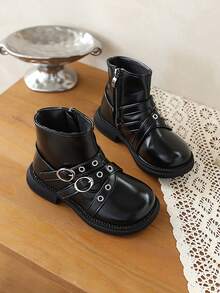 All-Season Kids' Fashion Boots, Buckle Functional Style Boots, Street Punk Motorcycle Style, Anti-Slip And Wear-Resistant, Suitable For 5-12 Years Old - Black - View 3