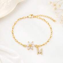 1pc New Fashion Letter & Flower Gold Stainless Steel Bead Chain Bracelet For Women - Yellow Gold - View 3