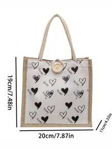 1pc Fashionable Black Heart Pattern Canvas Tote Bag - Lightweight & Multifunctional, Suitable For Lunch, Travel | Durable Fabric, Large Capacity Interior, Essential For Daily Use, Cute Storage Bag - Black and White - View 4