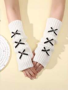 6pcs Bowknot Knitted Warm Arm Warmers, Autumn/Winter College Style Y2K Mid-Length Stacked Sleeve Fingerless Arm Covers - Bow-tie Style - View 10