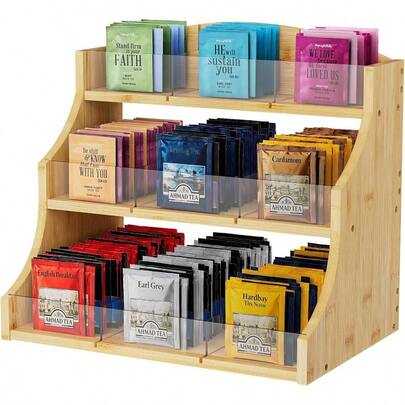 Tea Bag Organizer, 3 Layer Tea Chests With Acrylic Removable Divider, Tea Holder Countertop Office Kitchen, Natural Wood