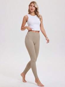 KyrLssu Women High Waist Seamless Ribbed Waistband Leggings, Solid Tummy Control Stretch Yoga Fitness Ankle Pants - Khaki - View 3