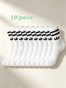 12 Pairs Unisex Classic 2-Stripe Mid-Calf Socks, Clover Logo Sports Casual Commute Versatile Socks - Multicolor - View 18