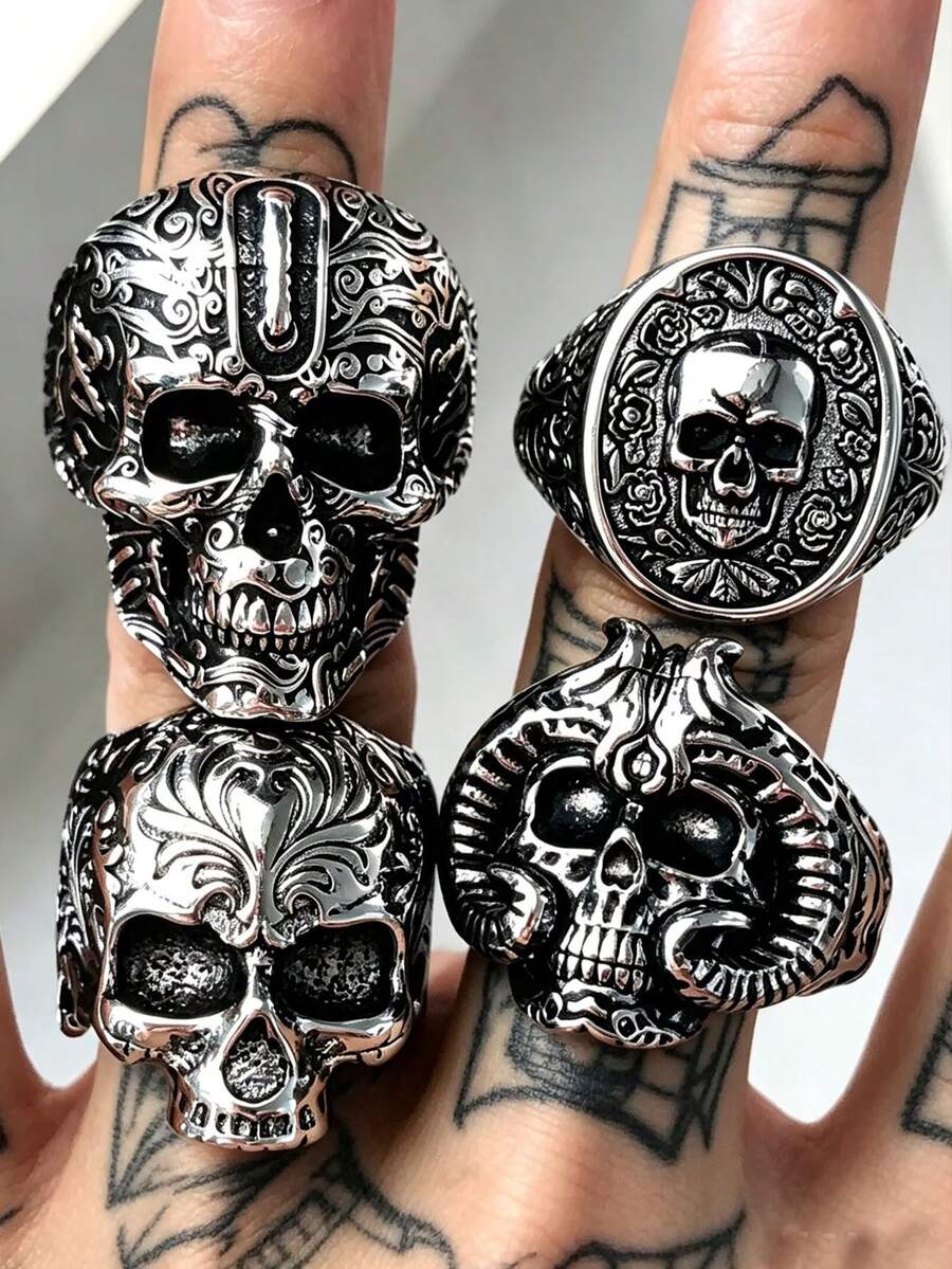 Juego de anillos de calavera tallada estilo oscuro de nicho, anillo de cabeza de carnero estilo motocicleta americana con rosa, anillo de cabeza de fantasma sobredimensionado resistente, accesorio versátil de uso diario personalizado de estilo callejero audaz y en capas, decoración regalo de Halloween, estilo aleatorio 1 pieza/2 piezas/3 piezas/4 piezas - Plata antigua - Ver 1