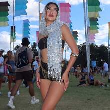1 Peça Lenço Feminino Estilo Boêmio de Rua com Lantejoulas Douradas e Borlas, Lenço de Cabeça de Luxo com Design de Malha para Vestido de Noite, Lenço de Cabeça Brilhante, Adequado para Volta às Aulas, Festa no Campus, Férias na Praia, Viagem de Férias - Prata - Visão 4