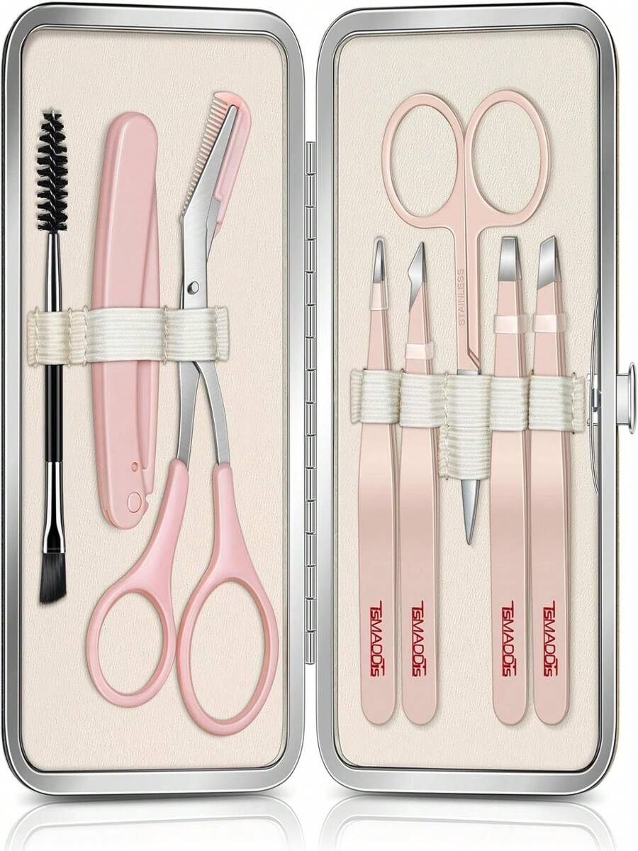 Women's Facial Grooming Tweezers Set (8-Piece Set With Storage Bag) - Stainless Steel Precision Tweezers For Eyebrows, Face, Nose Hair, False Eyelashes And Ingrown Hair/Splinter Removal; Gift Box Includes Eyebrow Scissors, And Eyebrow Brush. - Multicolor - View 1