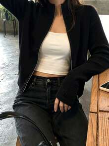 Women's Fitted Long Sleeve Knit Cardigan, Minimalist Commuter Style, Autumn Casual Black Fall - Black - View 2