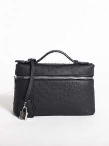 Premium Women's Black PU Embossed Polka Dot Small Handbag, Versatile Crossbody Bag, Fashionable Minimalist Elegant Metal Lock Decor, Commute & Shopping Bag - Black - View 4