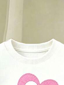 Young Girl Heart Print Crew Neck Long Sleeve Top And Flared Pants Set - White - View 3