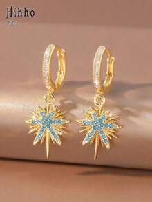 Hihho 2pcs Blue Turquoise 8-Point Star With Sparkling Silver/Gold Ear Clips, Eye-Catching Earrings For Beach Vacation, Travel And Photography - Eight-pointed Star - View 3
