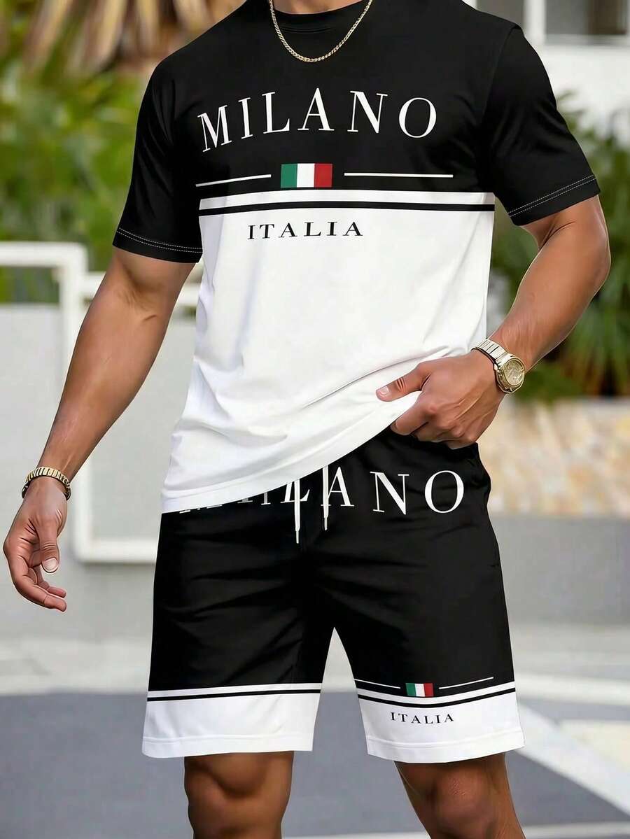 KOVSEE 男士 Milano Italia 印花短袖短裤两件套,夏季黑白拼接休闲运动套装,透气舒适 - 黑與白 - 查看 1