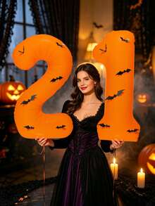 40 Inch Orange Halloween Number Foil Balloons 0-9, With Bat Stickers, Giant Helium Number Balloons, Suitable For Spooky Birthday Party Halloween Photo Booth Decoration - Fluorescent - View 1