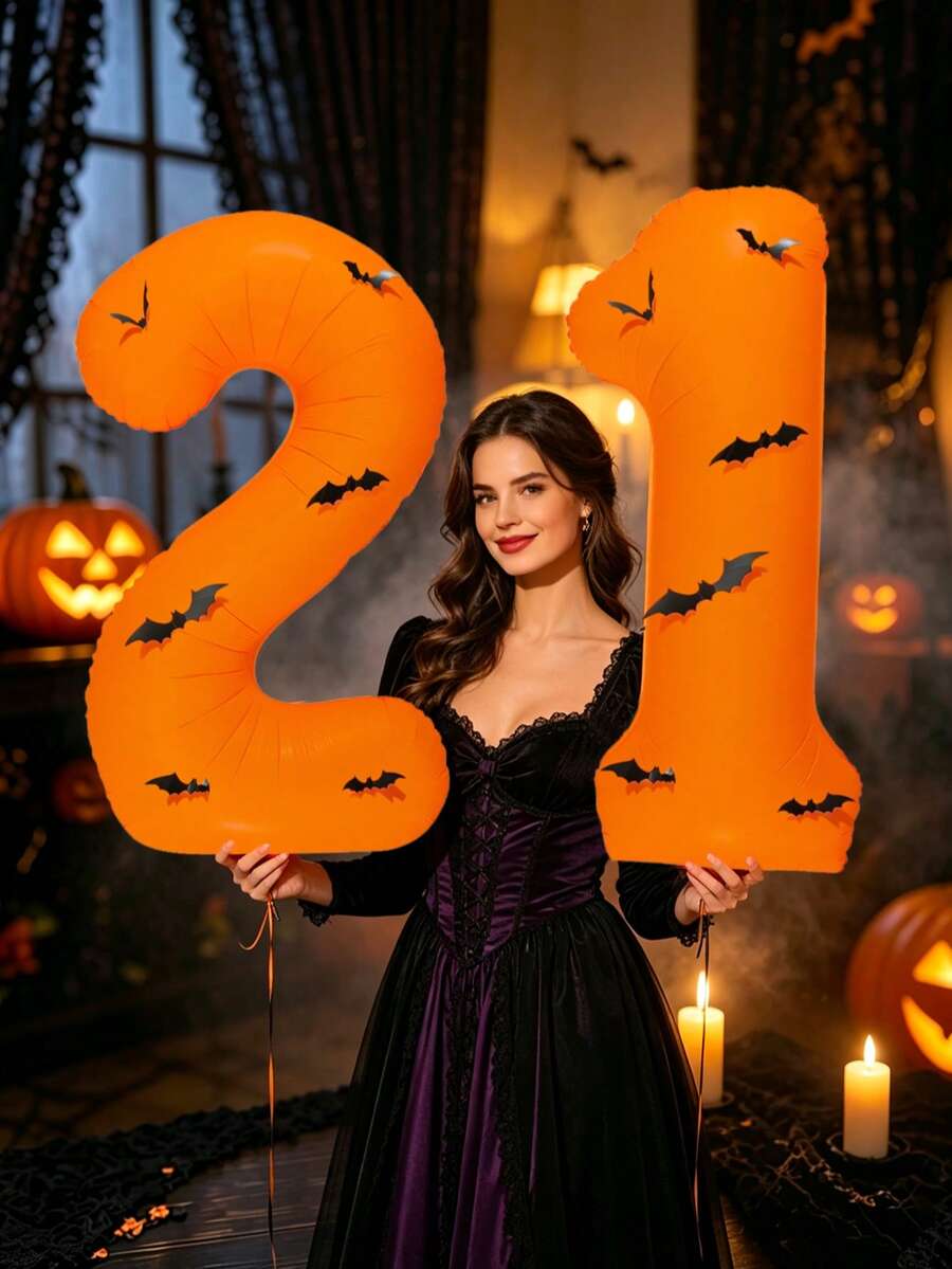 40 Inch Orange Halloween Number Foil Balloons 0-9, With Bat Stickers, Giant Helium Number Balloons, Suitable For Spooky Birthday Party Halloween Photo Booth Decoration - Fluorescent - View 1