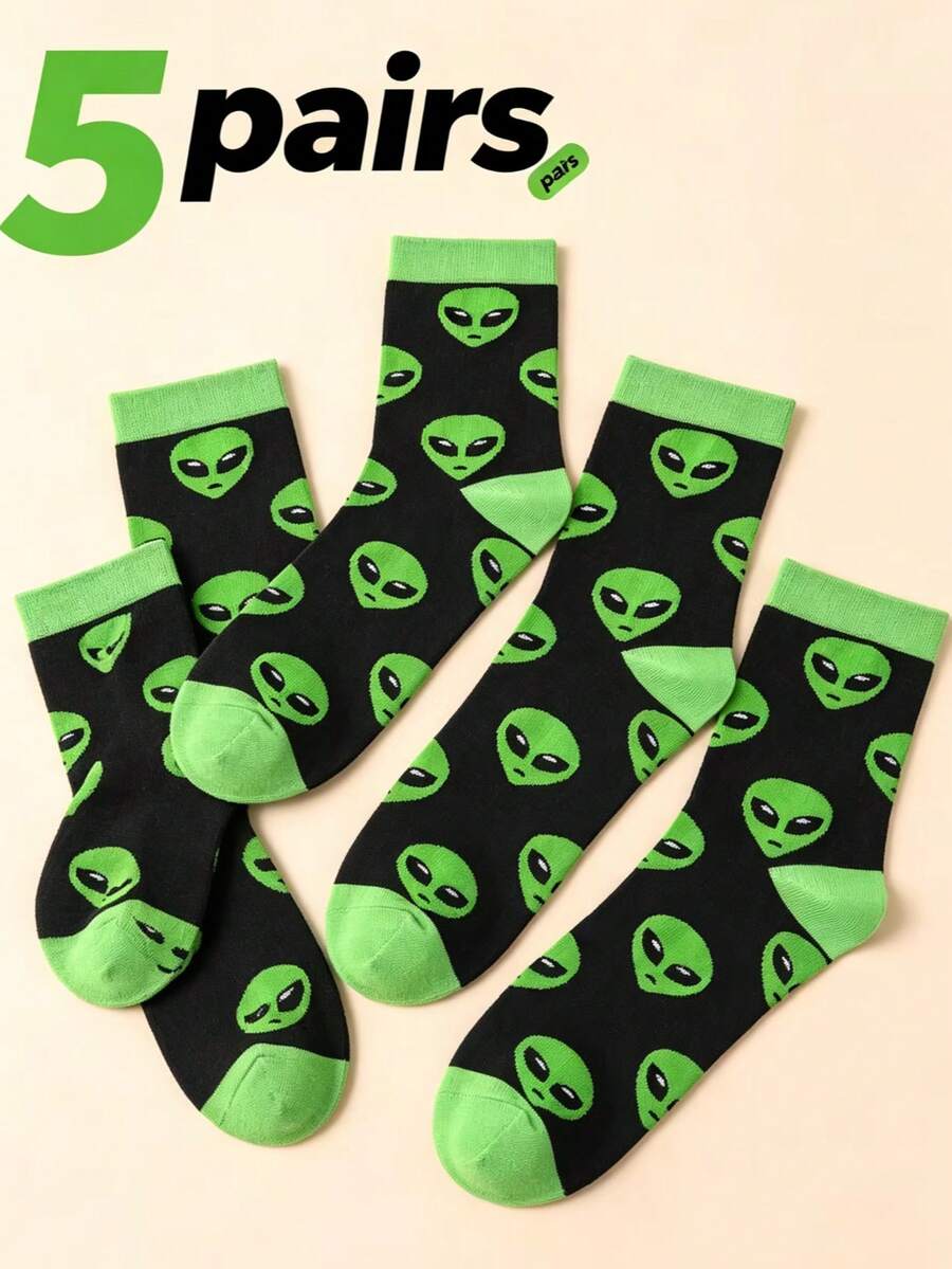Calcetines de media caña con estampado de alienígena, calcetines de media caña con base negra y patrón de cabeza de alienígena verde, calcetines casuales divertidos y extravagantes de estilo urbano para hombres y mujeres - Negro - Ver 1