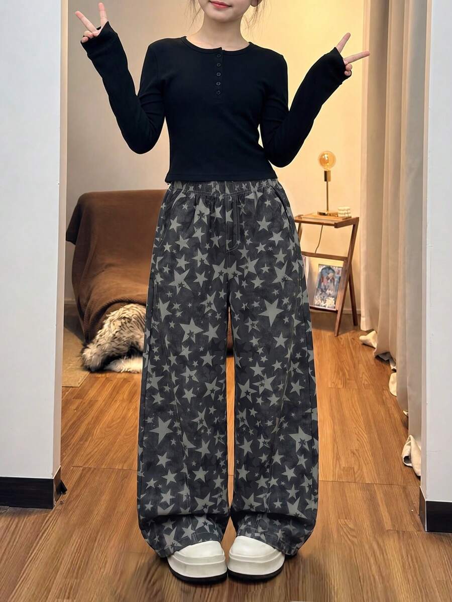 1pc Tween Girl Teen American Retro Star Print Wide Leg Cargo Pants Spring Autumn - Multicolor - View 1