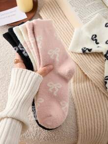 4/2 Pairs Soft Cute Bow Pattern Mink Fur Mid-Calf Socks, Non-Slip Comfortable Warm, Suitable For Autumn/Winter - Multicolor - View 5