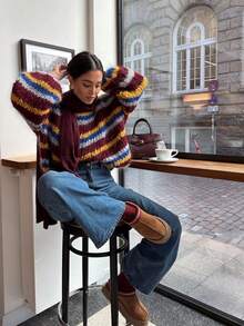 Colorful Horizontal Striped Soft Knit Sweater, Colorblock Retro Color Scheme, Loose Retro Street Slouchy Pullover Knit Top - Multicolor - View 4
