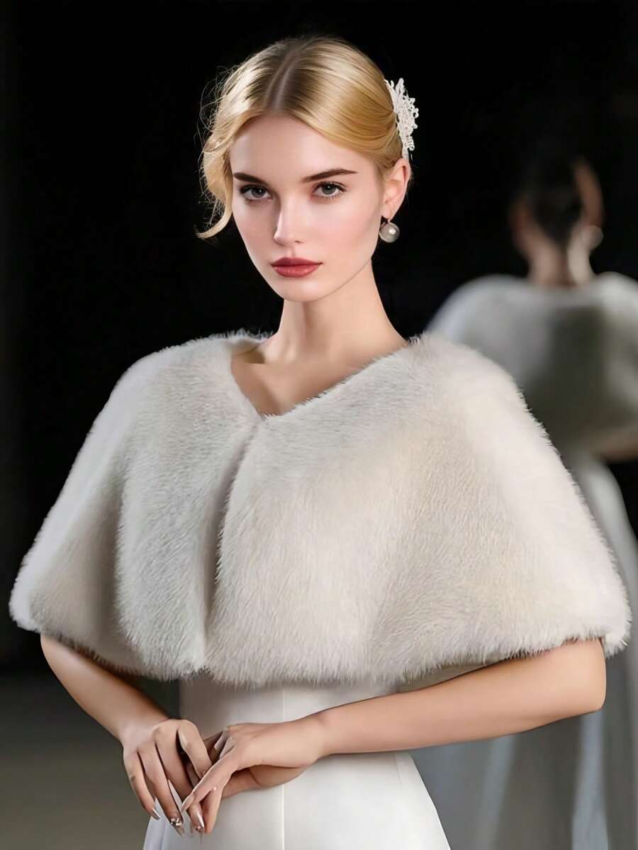 1pc Women's Faux Fur Shawl, Suitable For Party, Wedding, Dress, Autumn/Winter, Warm, Holiday Gift - White - View 1
