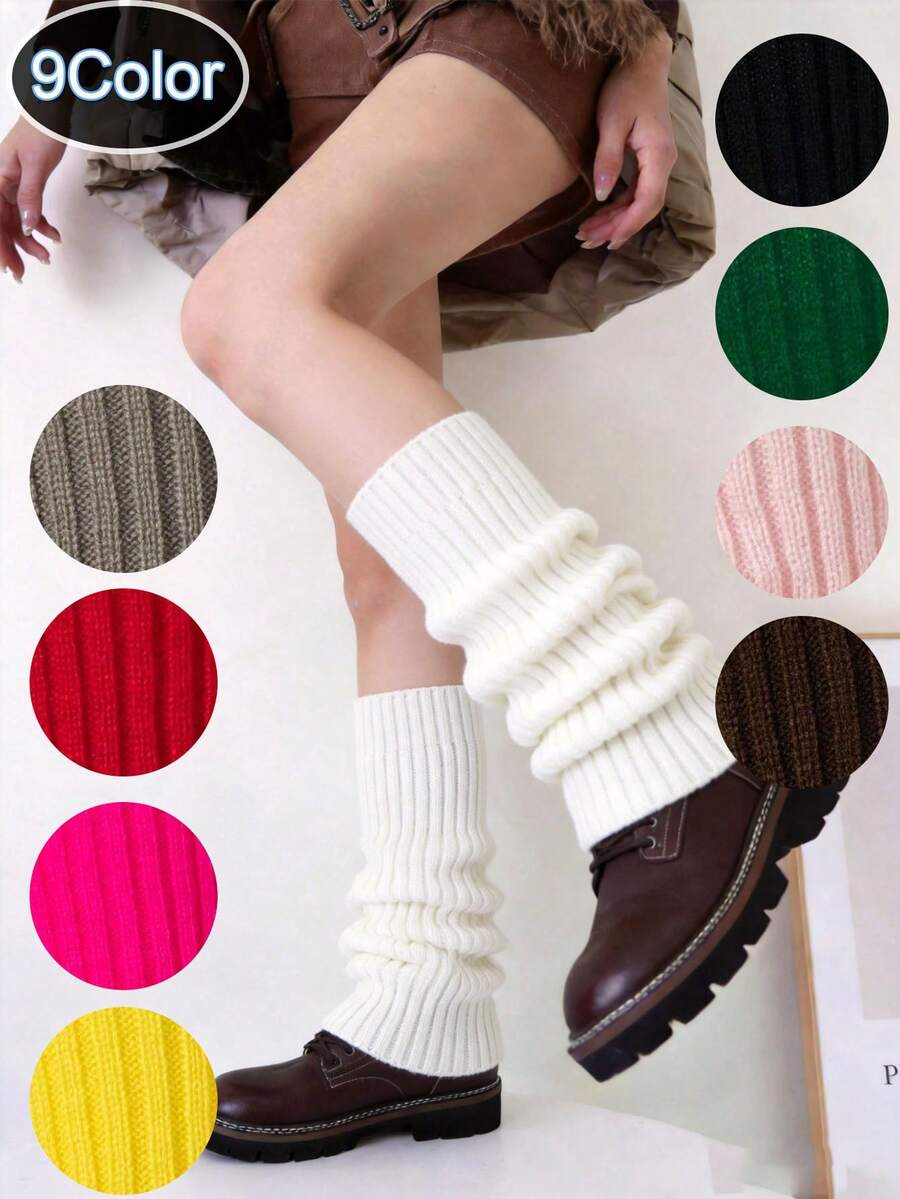 Jambières tricotées à rayures verticales de couleur unie pour femmes, design multicouche plié avec revers ample, jambières d'hiver souples et élastiques, style ballet gothique pour le port quotidien - Multicolore - Voir 1