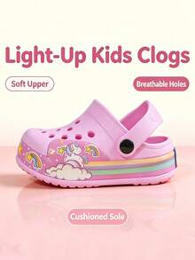 Girls Children LED Light-Up Unicorn Clogs, Rainbow Flashing Slip-On Beach Shoes, Breathable Perforated Clogs, DIY Clogs - Pink - View 3
