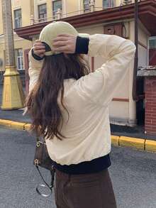 Early Autumn Contrast Color Embroidered Pattern Loose V-Neck Thin Blouse - Apricot - View 9