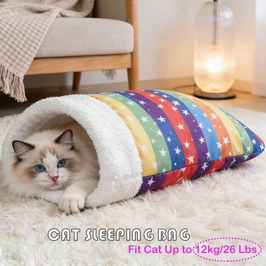 Comfortable & Warm Winter Cat Bed, Soft Plush Cat Sleeping Bag, Portable Cat Bed For Indoor Cats, 360° Enclosed Cat Hideout Bag Suitable For Cats And Small Dogs, Fits 8.82-17.64 Lbs Cats (Cute Pattern)