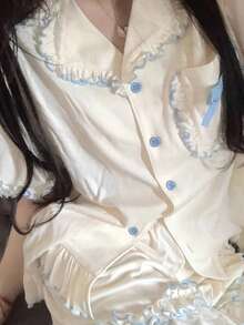 Women Pajama Sets - Solid Color Lace Set # Two Short Pieces - View 6