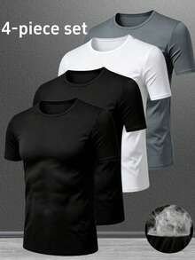 4 st/pack herr T-shirts med kort ärm, avslappnade hemma-undershirts med rund hals, lämpliga för dagligt bruk, promenader och sömn - Multifärgad - Visa 1
