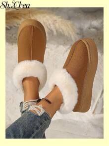 1 Pair Vintage Fashion Camel Color Thick Fur Trim Round Toe Ankle Boots Women's Winter Thick Sole Boots Uggs Style Vintage Daily Winter Shoes - Brown - View 3