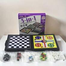 5.9 Inch 5 In 1 Magnetic Board Game Set, Foldable Travel Chess Game, Includes Chess, Ludo, Snakes And Ladders, Checkers, Chinese Checkers, Portable Multi Game Combo For Kids Adults Family Party, Small Size Interactive Board Game Toy With Random Outer Packaging Style - Purple - View 7