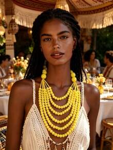 European American African Multi-Layer Exaggerated Wooden Bead Necklace - Yellow - View 4