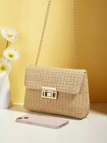 Tropiscape Fashionable Solid Color Gold Woven Crossbody Bag, Suitable For Women's Daily Use - Khaki - View 8
